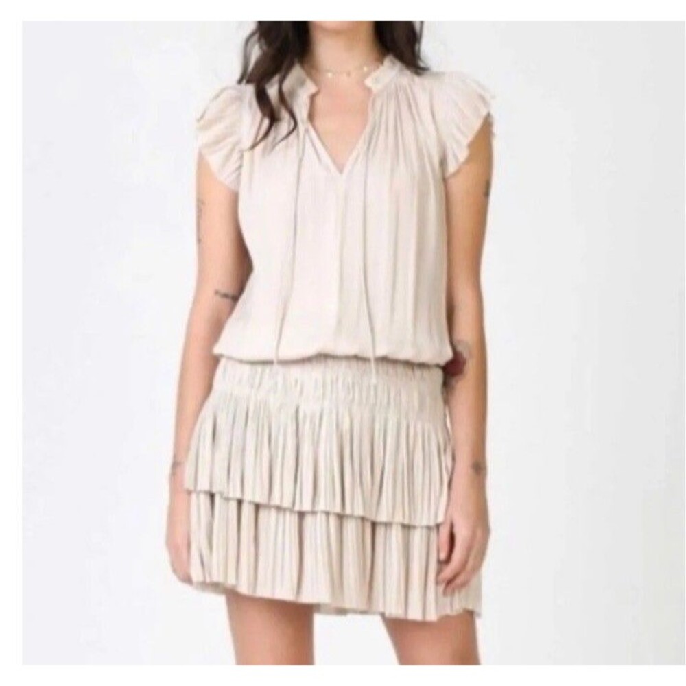Anthropologie Current Air Zoey Pleated Mini Dress M Cream Ruffle V Neck Boho
